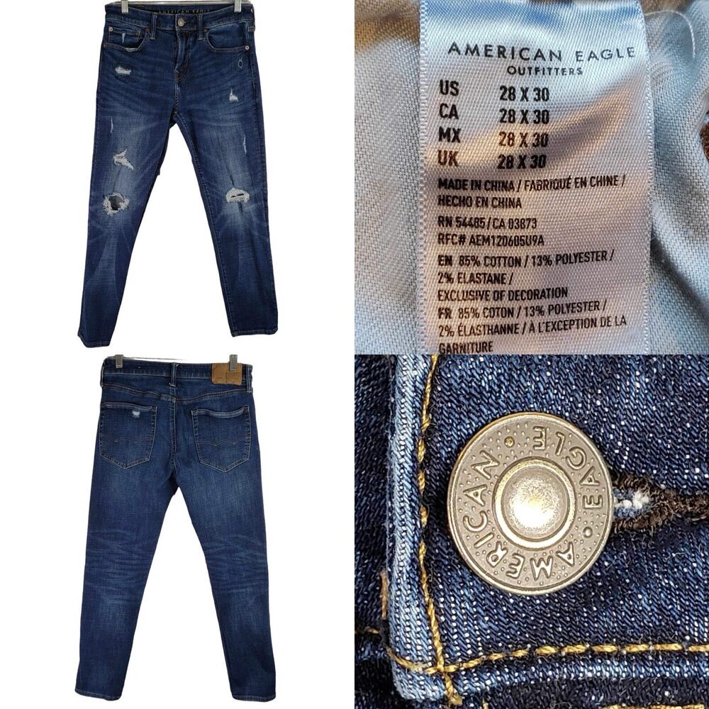 American Eagle Jeans Airflex Mens 28x30 Dark Wash Athletic Fit Skinny Distress
